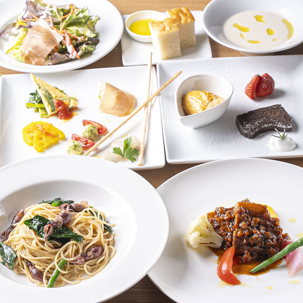 【Dinner Aコース】前菜盛合せ、サラダ、スープ、パスタ、ドルチェなど全7品 4180円(税込)
